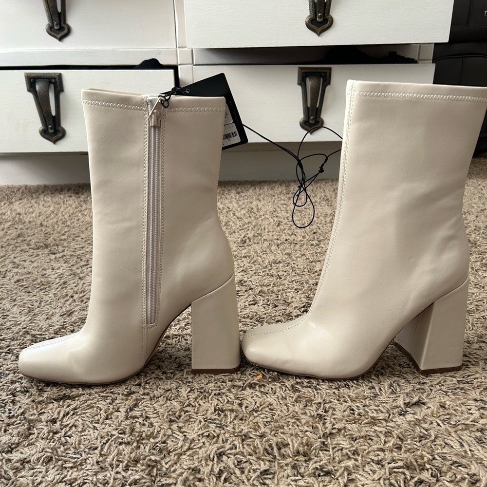 Fake leather mid calf bootie with wide heel